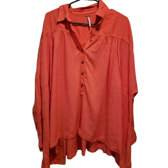 Free People Coral Pink Flowy Boho Collared Blouse Top Women's Small Long Sleeve - Picture 2 of 9